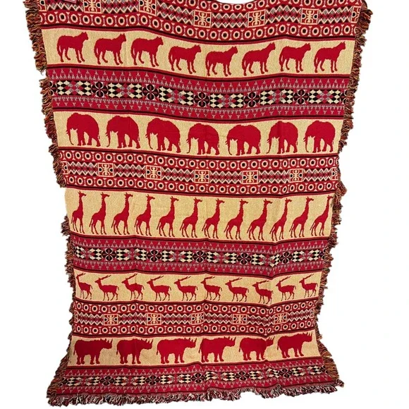 The Rug‎ Barn Africa Woven Tapestry Throw Blanket Red Black Safari Animals 46x67 - Picture 4 of 6